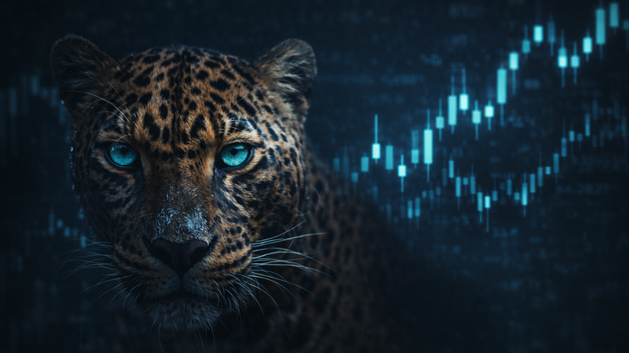 Original TrendPredator leopard artwork with cyan market charts